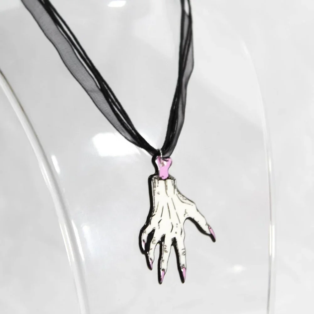 Pastel Goth Hand Charm Black 3 Tier Ribbon Waxed Cord Necklace